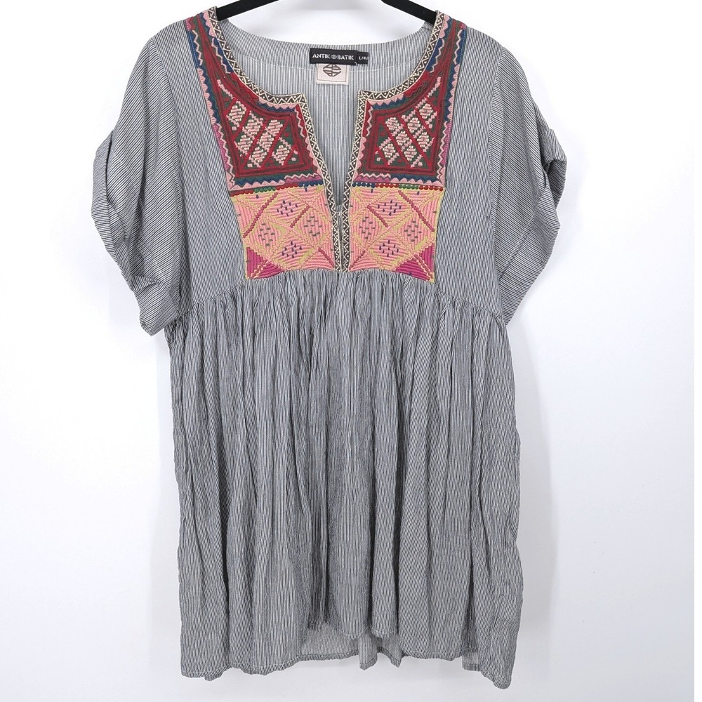 Antik Batik Tunic Top Womens Large Grey Striped Embroidered Boho V-Neck Babydoll